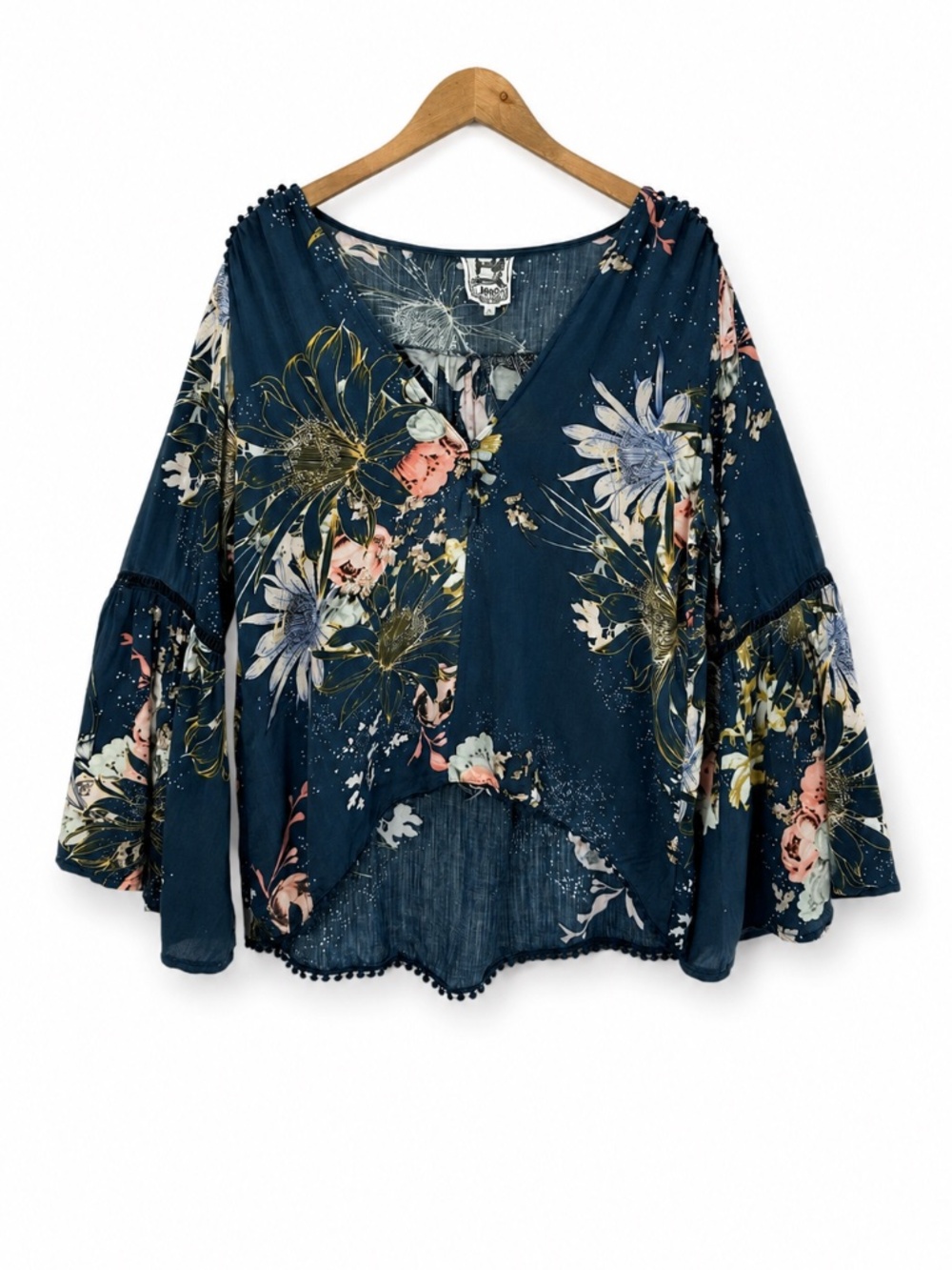 Jaase Floral Bell Sleeve Boho Blouse Tunic Festival Romantic Vibe Poet Top Small